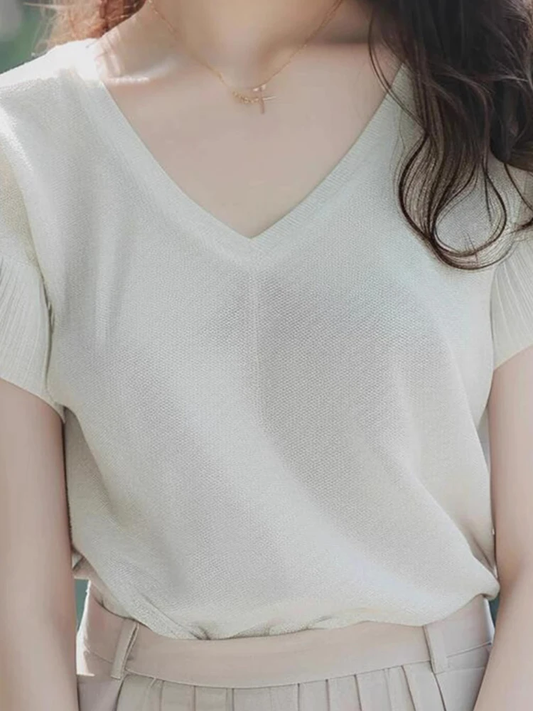 لون نقي مريح V-Ne ort Sve Commute Basic irt الكورية Sle فضفاضة تناسب الصيف تصميم جديد فريد من نوعه