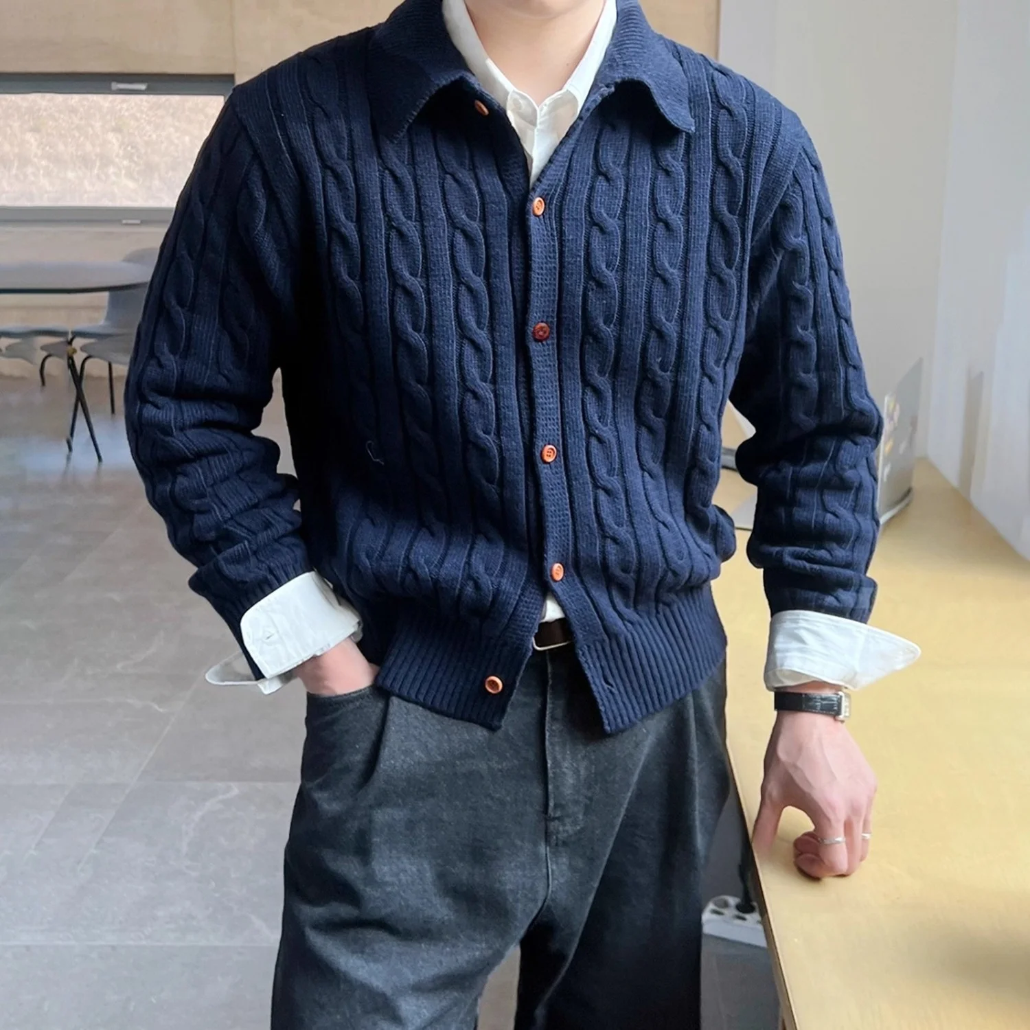 

Осень-зима, большой размер, витой вязаный свитер, мужской повседневный однотонный длинный воротник-свеч, деловой винтажный открытый кардиган