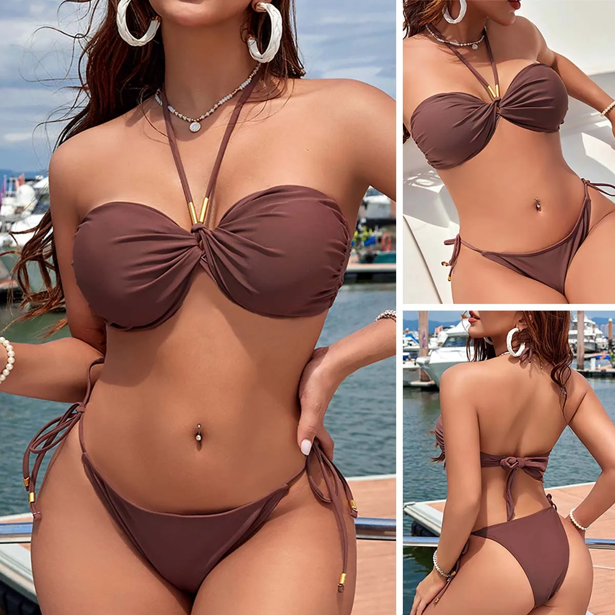 Costume da bagno bikini push up sexy donna costume da bagno 2 pezzi costume da bagno a fascia con stringhe laterali set costume da bagno perizoma abbigliamento da spiaggia Biquini Femme