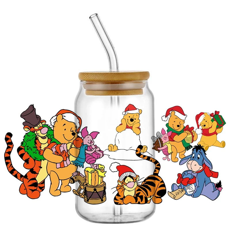 Christmas Winnie the Pooh 16oz DTF Sticker Cups Christmas Gifts UV Wrap Transfer Sticker Custom Labels DIY Logo Selfadhesive