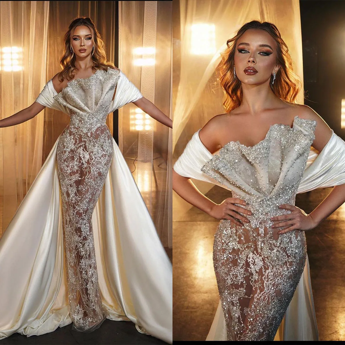 

Amazing Illusion Wedding Dress Off Shoulder Crystals Rhinestones Bridal Gowns Custom Made Appliques Overskirts Vestido de novia