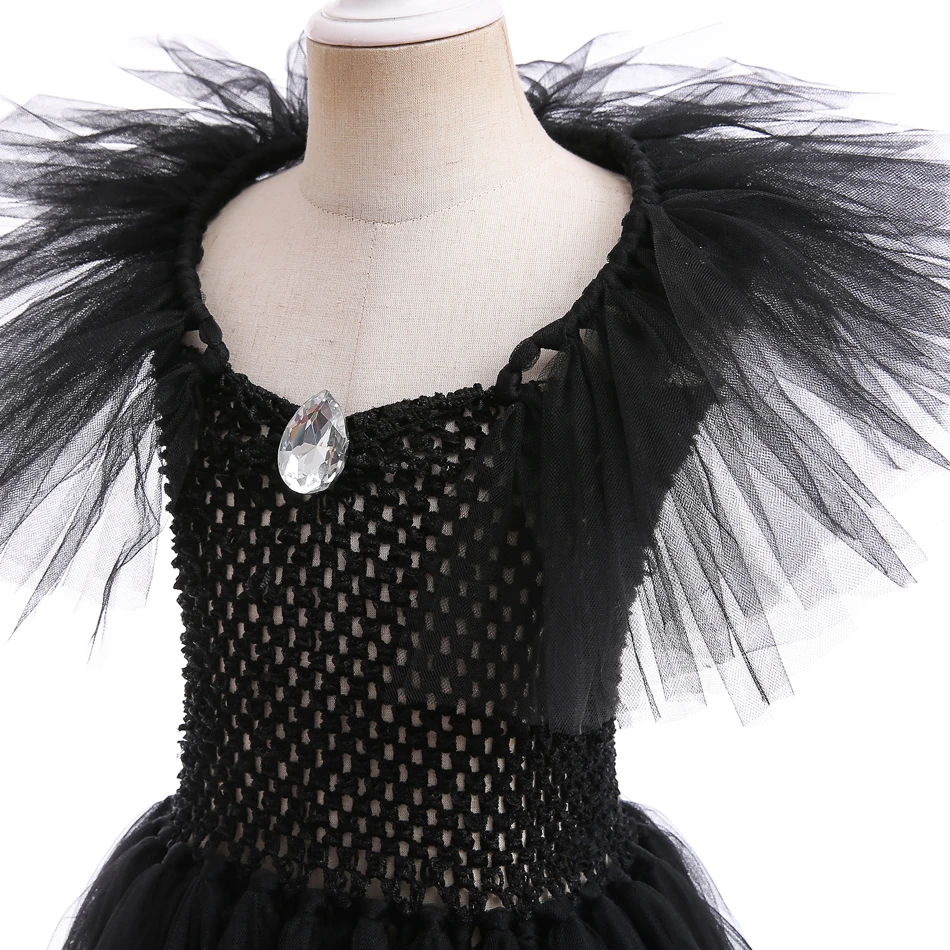 Costume de Sorcière d'Halloween en Tulle pour Fille, Robe de Princesse en Maille Noire, Cosplay de Reine Maléfique, Baguette de Corbeau pour Enfant