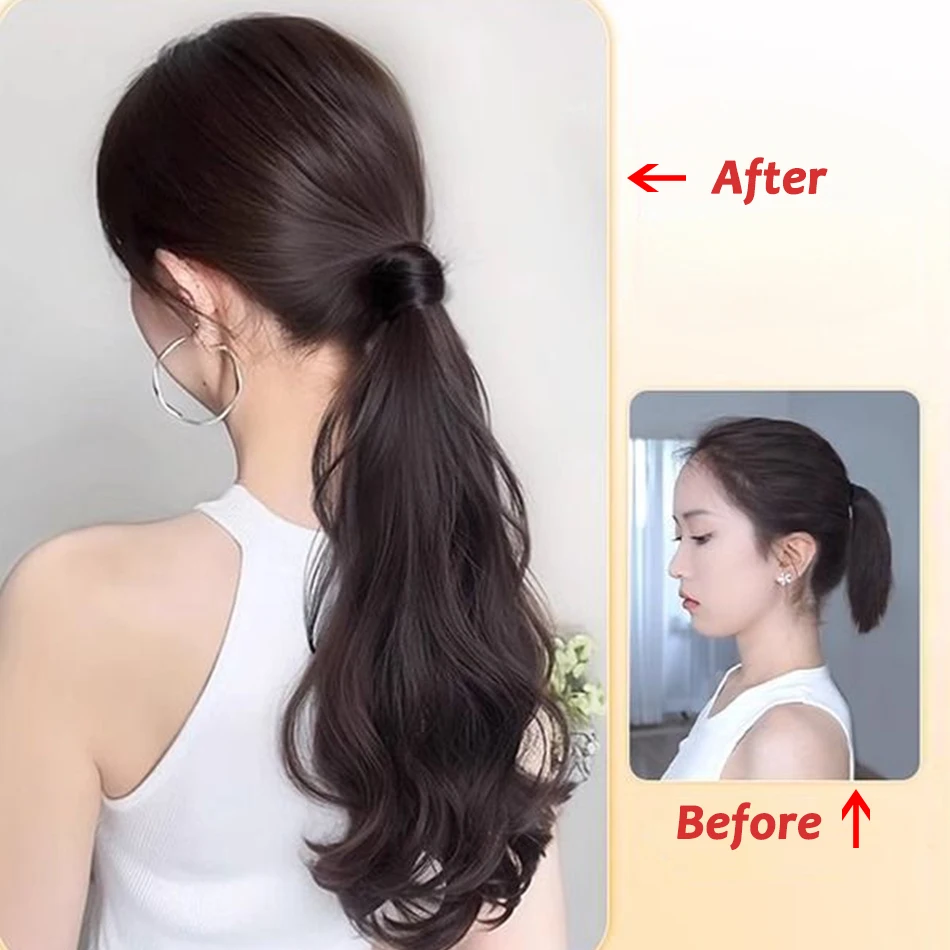 Extensión de cabello de cola de caballo sintética con banda de goma, cola de caballo en capas ondulada y rizada larga para mujeres, peluca de pelo resistente al calor de uso diario