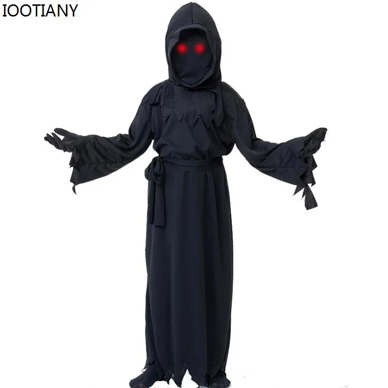 CosplayPer bambini Horror Fantasma dagli occhi rossi Morte Costume luminoso Vestito per bambini Halloween Cosplay Fantasma Scuro Morto Carnevale Parte