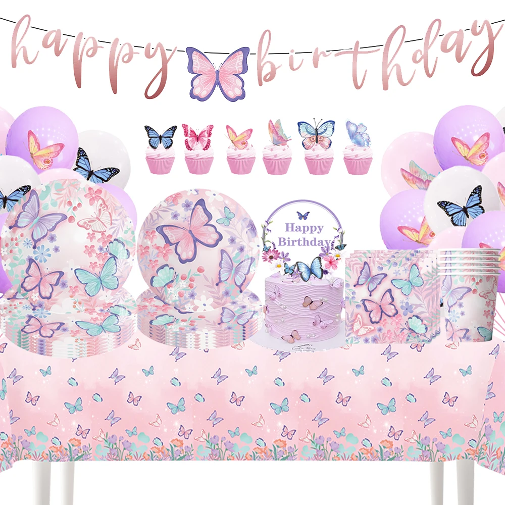 

Purple Butterfly Birthday Tableware Backdrop Happy Girls Party Decor Supplies Party Cups Plate Napkin Tablecloths Baby Shower