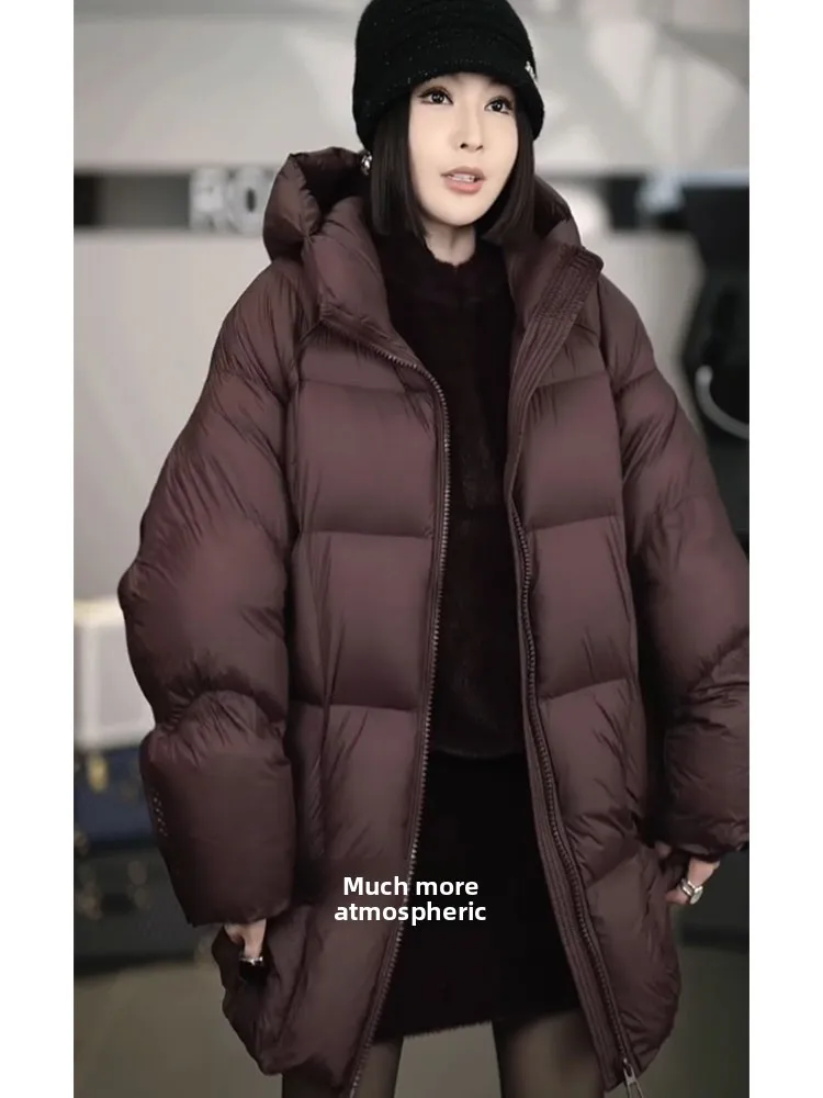 Unique Super Sli Hooded Bla down Jaet Women Winter Mid-Length 2025 New High-End Bread Coat Casual Sle Polyester Fib...