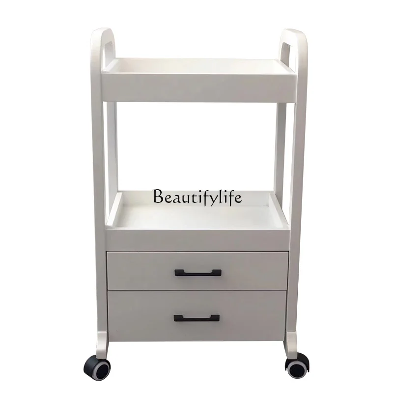 Solid Wood Beauty Trolley Multi-Functional Double-Layer Storage Rack Tool Car Trolley with Drawer