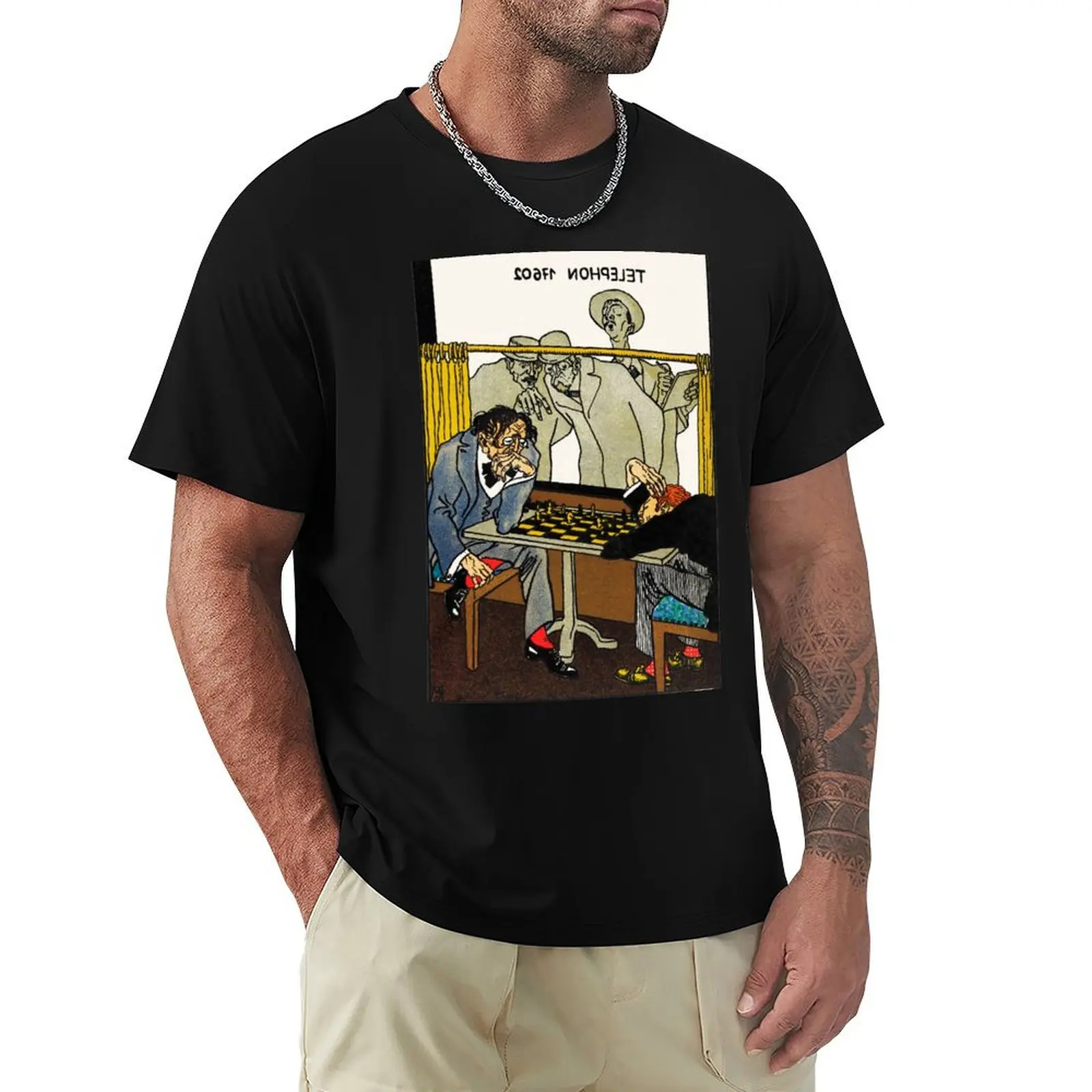 Viennese Café: The Chess Players Illustration by Moriz Jung T-Shirt Soft Casual Short Sleeve Cotton Tee
