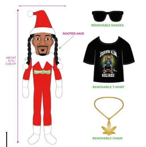 New Christmas Elf Doll Snoop Dogg Plush Toys Snoop on a Stoop Hip Hop Lovers Elf Shelf Decor Includes Elf Toy Tshirt Sunglasses