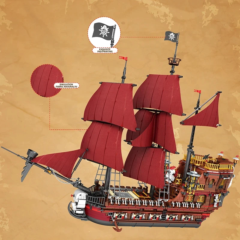 Blocos de construção Red Sail Boat, vingança da rainha Anne, modelo de navio pirata, brinquedos de tijolos, decoração criativa, presente infantil, 3066 peças