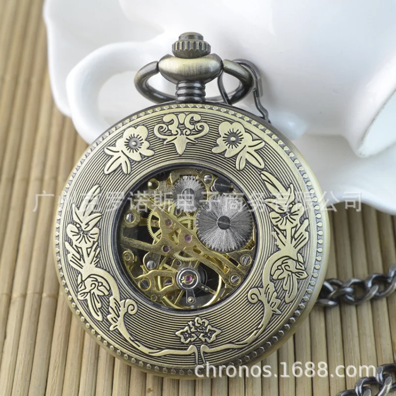 Foreign Trade Large Flip Mechanical Pocket Watch Roman Gem Hollow Semi-automatic Manual Mechanical Watch Pocket Watch