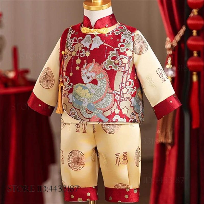 

Детский традиционный китайский костюм Тан для мальчиков, винтажный парчовый ханьфу, новогодний комплект одежды, наряд на 100 дней и годовалого ребенка