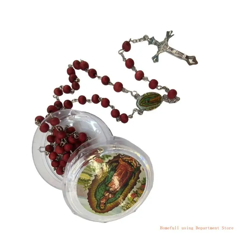 

Wooden Beads Rosary Necklace with Crucifix for Religious Ceremonies Neckchain