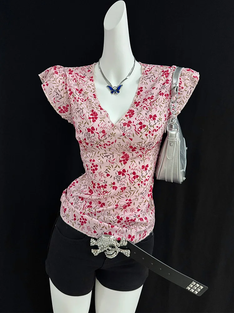 

Micro Wind, оригинальный ретро-розовый цветочный инда, летний новый праздничный красивый женский топ Personali, корейский облегающий хлопковый топ...