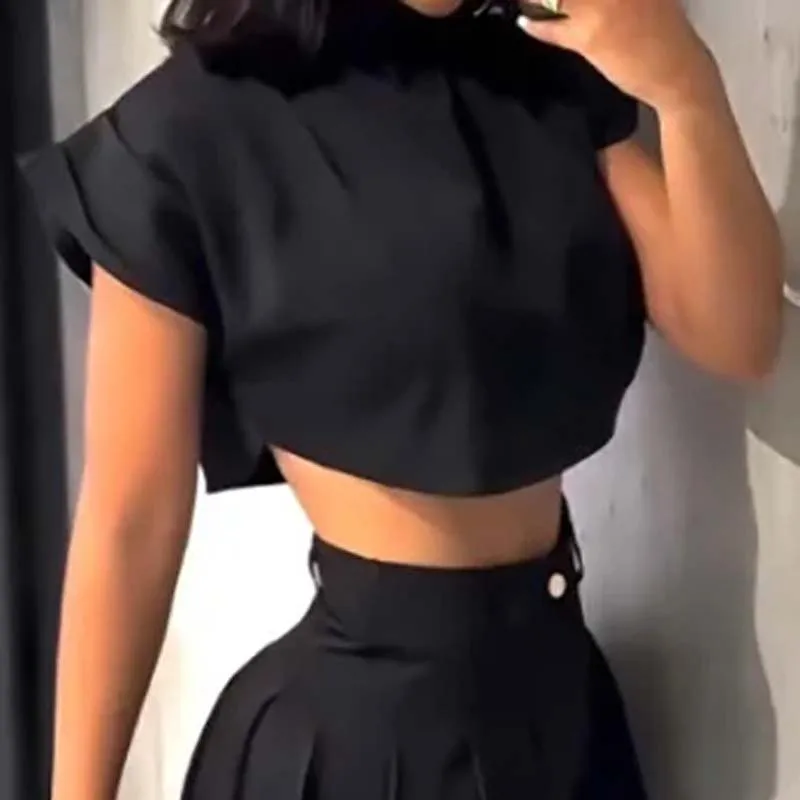 

Черный пуловер в стиле ретро, короткий топ и шорты, костюм, сексуальный спортивный костюм с открытым пупком и короткими рукавами, французский модный тонкий женский комплект