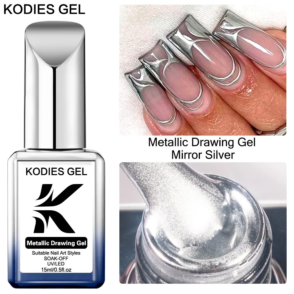 KODIES GEL Mirror Silver Metallic Painting Gel Nail Polish Semi Permanent UV Gel Nail Polish Silver Liner Nail Art Gel Manicure