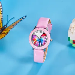 new children's girls' Sweet cute butterfly leather quartz wrist watches little kids 7colors students birthday gifts watches