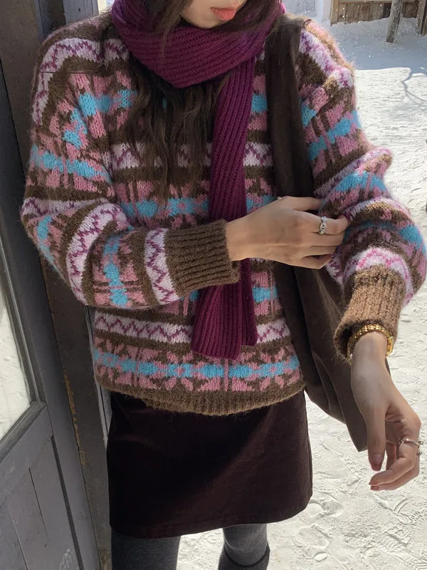 Suéter Retro coreano Sle redondo Ne de punto para mujer, suéter cálido con diseño de moda de invierno, Color Blo, bordado Floral