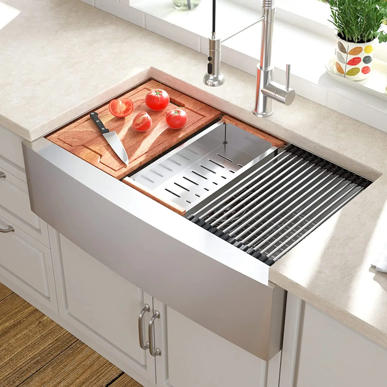 

30" x 22" Stainless Steel Workstation Farmhouse Kitchen Sink Single Bowl Apron Front Kitchen Sink with Integrated Ledge