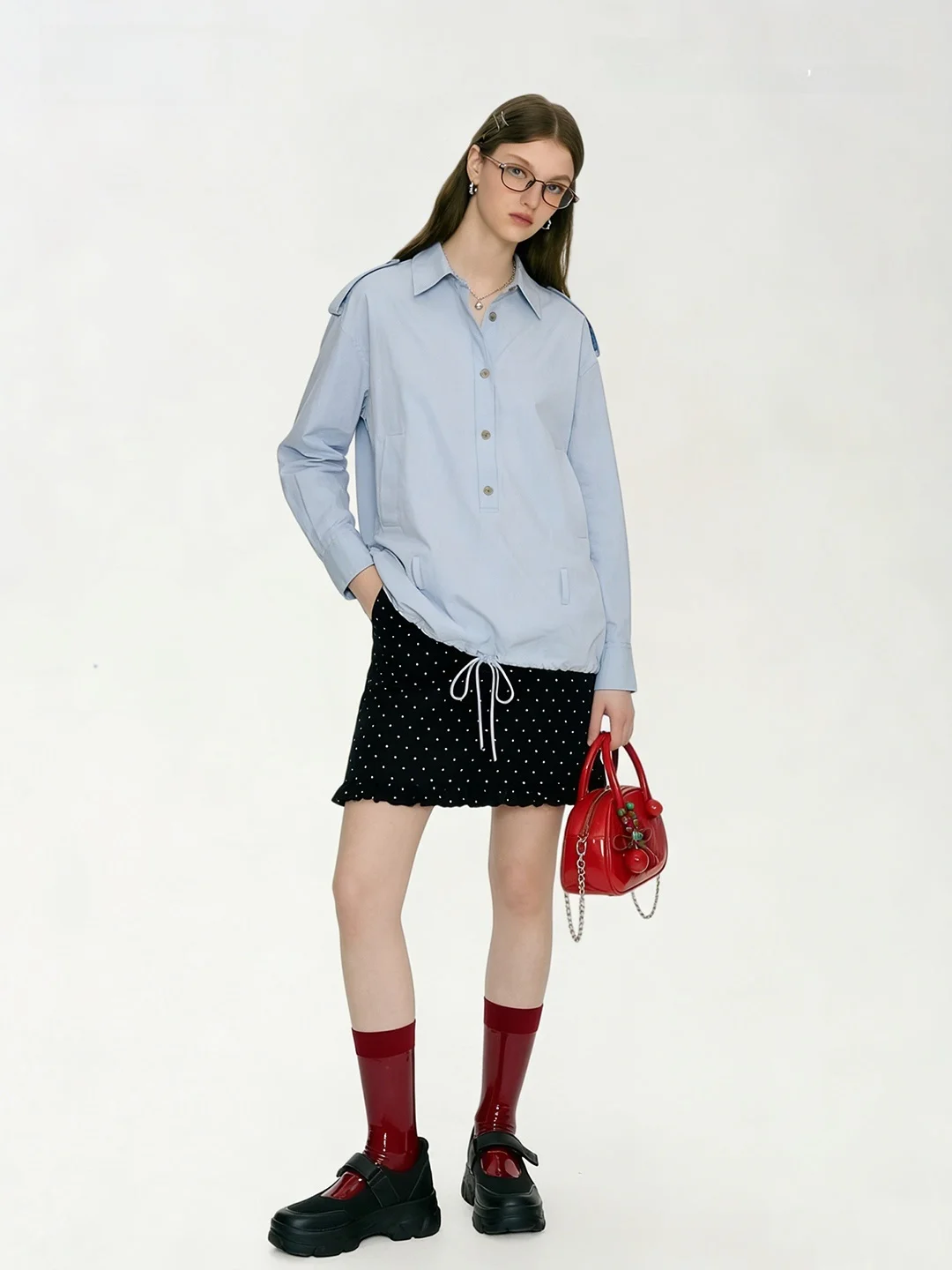 

AHMI Loose Long Sve Women's irt Practical Pure Color Slimming Blue Spring Casual Sle Faionable Versatile Top