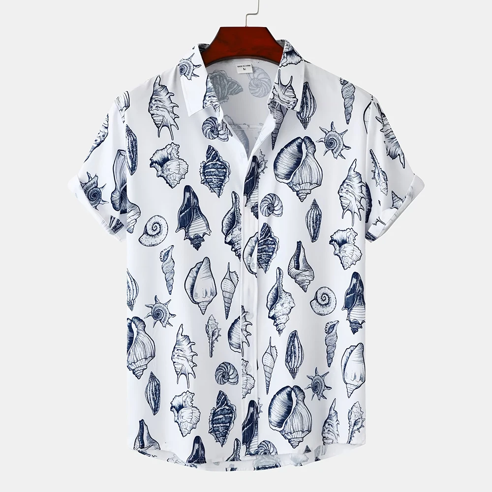 

Men's Casual Conch Print Cuban Collar Short Sleeve Baggy Plus-size Lapel Top Summer Beach Vacation Men's Hawaiian Shirt 2024 New