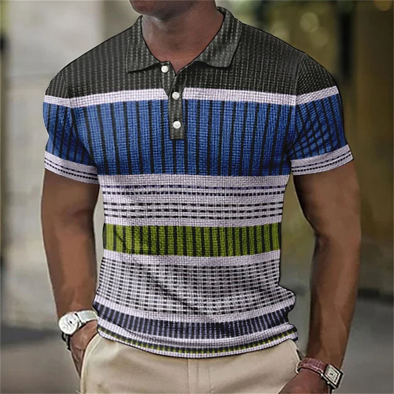 3D Printed Vintage Polo Shirt For Men Color Block Stripes Pattern T-Shirt Summer Casual Oversized Tees Short Sleeves Lapel Tops