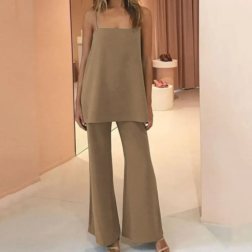 Two Piece Sets Womens Outifits Summer Solid Color Loose Sexy Spaghetti Strap Sleeveless Lady Vest Top and Wide Leg Pants Suit