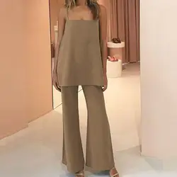 Two Piece Sets Womens Outifits Summer Solid Color Loose Sexy Spaghetti Strap Sleeveless Lady Vest Top and Wide Leg Pants Suit