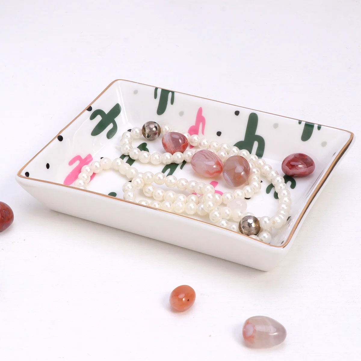 

Керамическое блюдо для ювелирных изделий, органайзер с рисунком кактуса, прямоугольный фарфоровый поднос для хранения, размер тарелки, S, кольцо, ожерелье, держатель для браслета