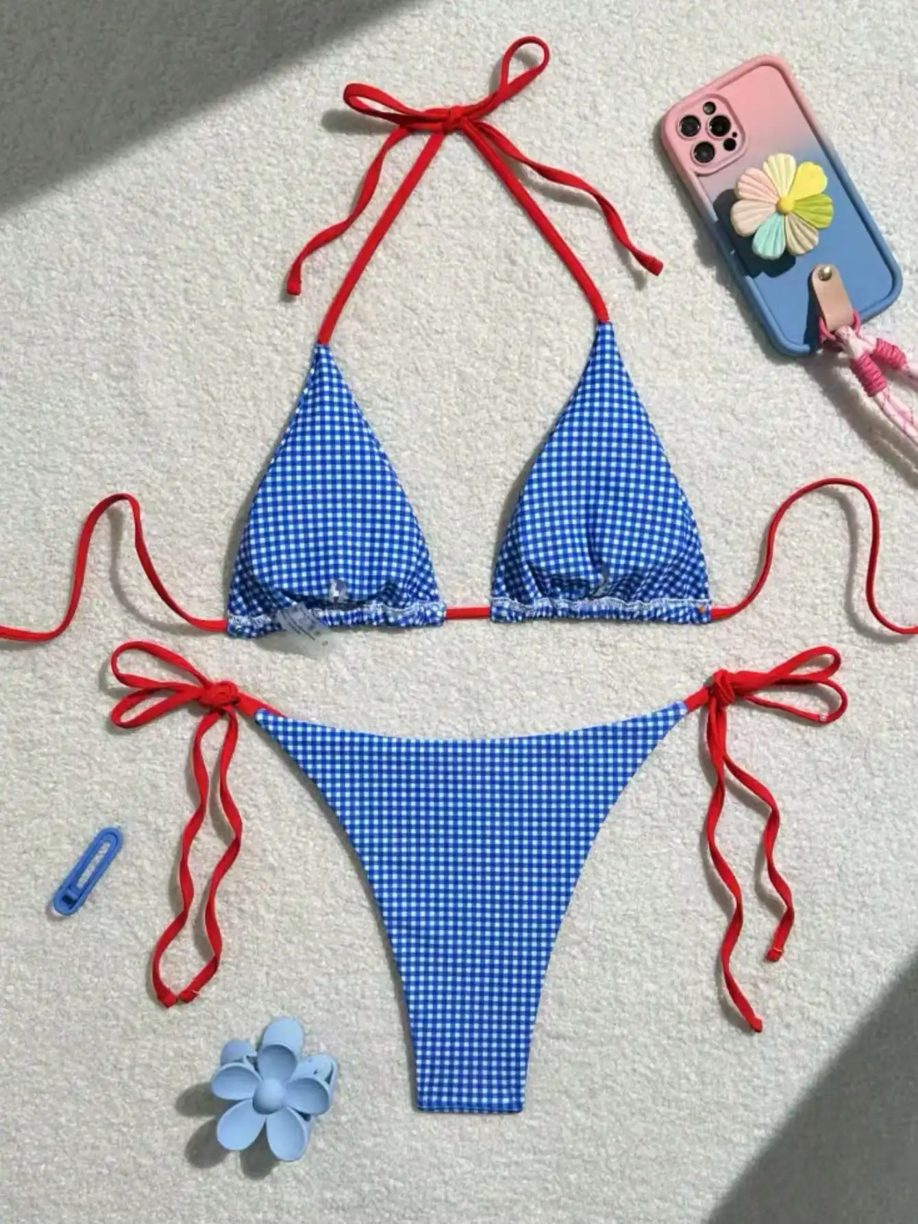 

Blue And White Gingham Plaid Bikini Set Women Halter Triangle Top Low Waist Beach Swimwear