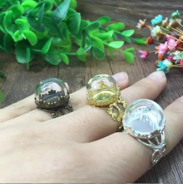 5pcs 15mm Clear Hollow glass dome with ring findings set glass globe vials glass bottle jewelry findings