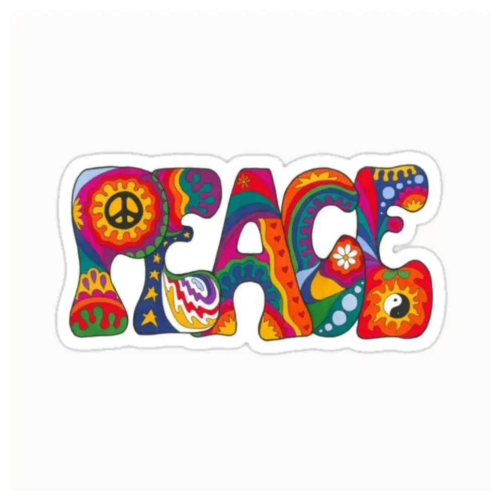 Psychedelic Peace Word Art White Retro Hippie Rainbow Groovy Peace Design Waterproof Stickers For Decorating Car