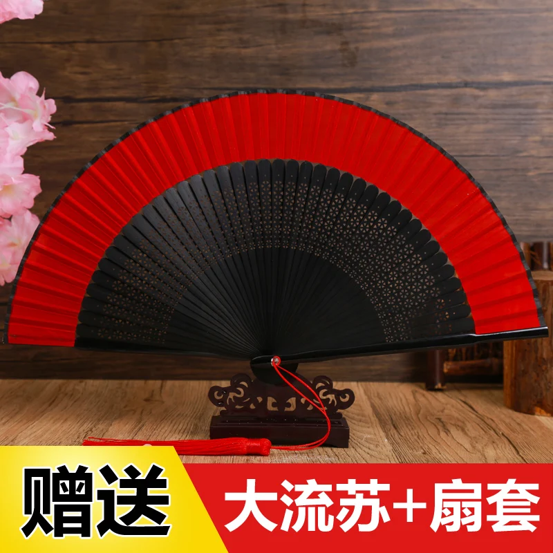 

Chinese Style Big Red Women's Dancing Dance Fan Antique Han Clothes Portable Tassel Folding Fan Solid Color Stage Show Crafts