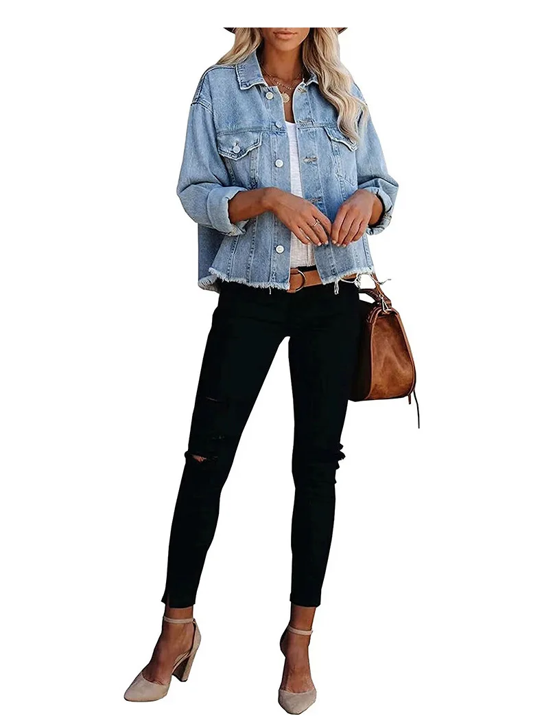 

2023 Autumn and Winter Denim Jackets for Women Fashion Long Sleeve Raw Edge Jeans Coat Casual Ladies Clothing S-2XL