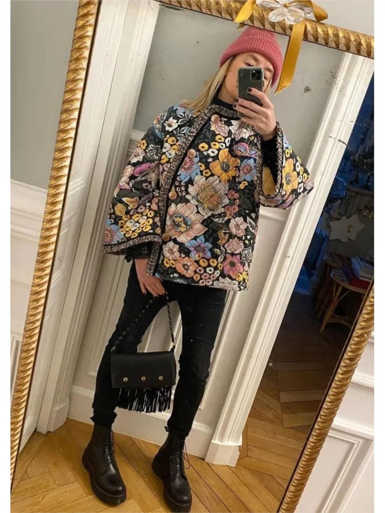 المرأة عادية الأزهار طباعة سترة فضفاضة معطف القطن الخريف الشتاء طويلة الأكمام معطف مبطّن امرأة الدافئة أبلى سترات خمر