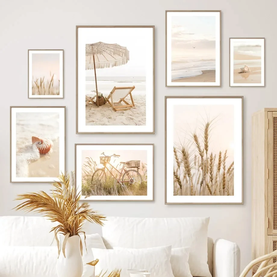 Wall Art Bohemian Beige Beach Starfish Reed Bicycle Oil Painting Landscape Posters and Prints Living Room Home Decoration Murals