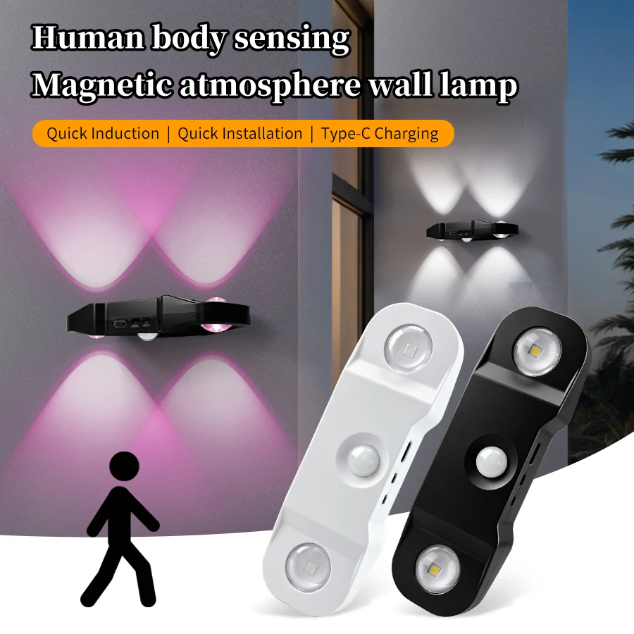 LED-Bewegungssensor-Wandleuchte RGB 3-Farben Magnetisch Aufladbare Nachtlampe USB Touch-Dimmbar Schrank-Treppen-Atmosphärenlicht Dekoration