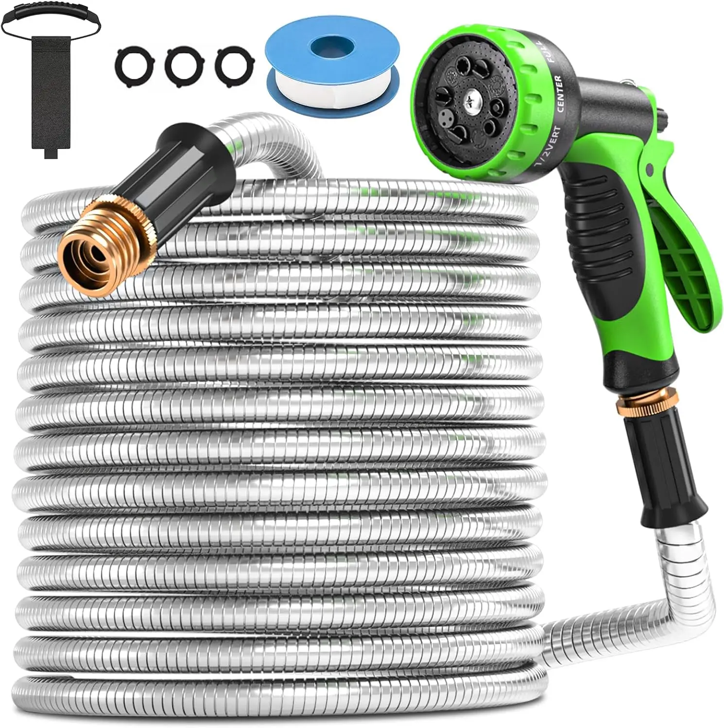 

Садовый шланг 50 футов, шланг для воды из нержавеющей стали с 10 функциональными насадками, металлический усиленный садовый шланг с защитой от протечек