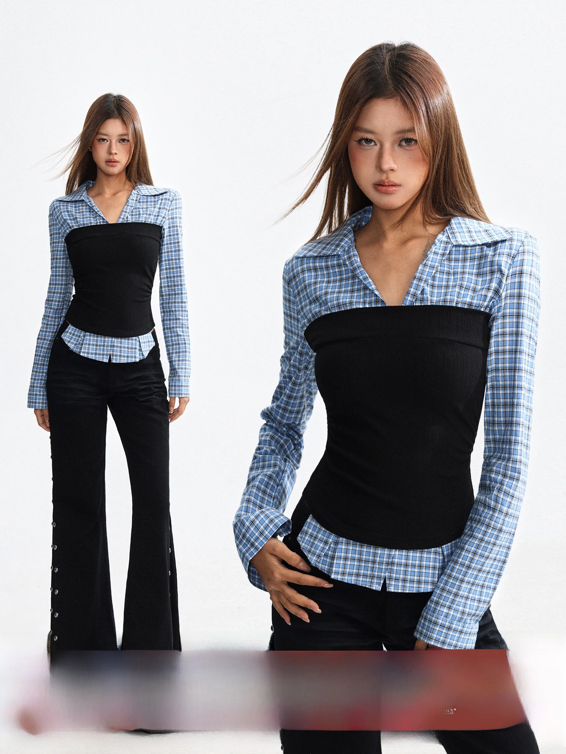 

Женская футболка в клетку с длинным рукавом, имитация двухслойности, с завышенной талией, в американском стиле