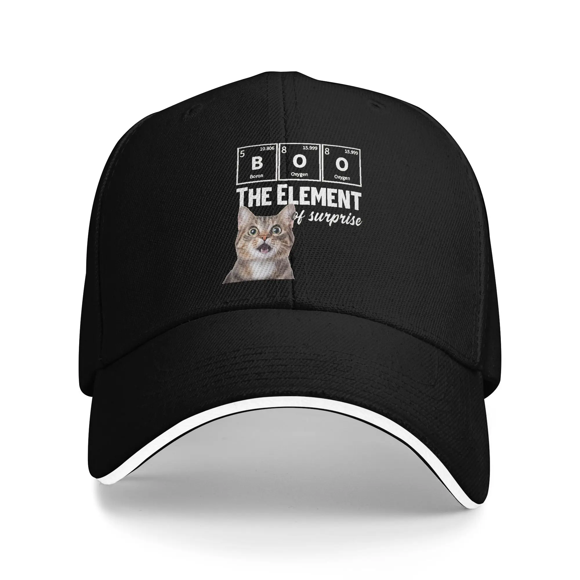 Boo The Element Of Surprise Sandwich Caps Unisex Baseball Cap Chemistry Cat   Sandwich Hat Adjustable Sun Caps Wholesale New Cap