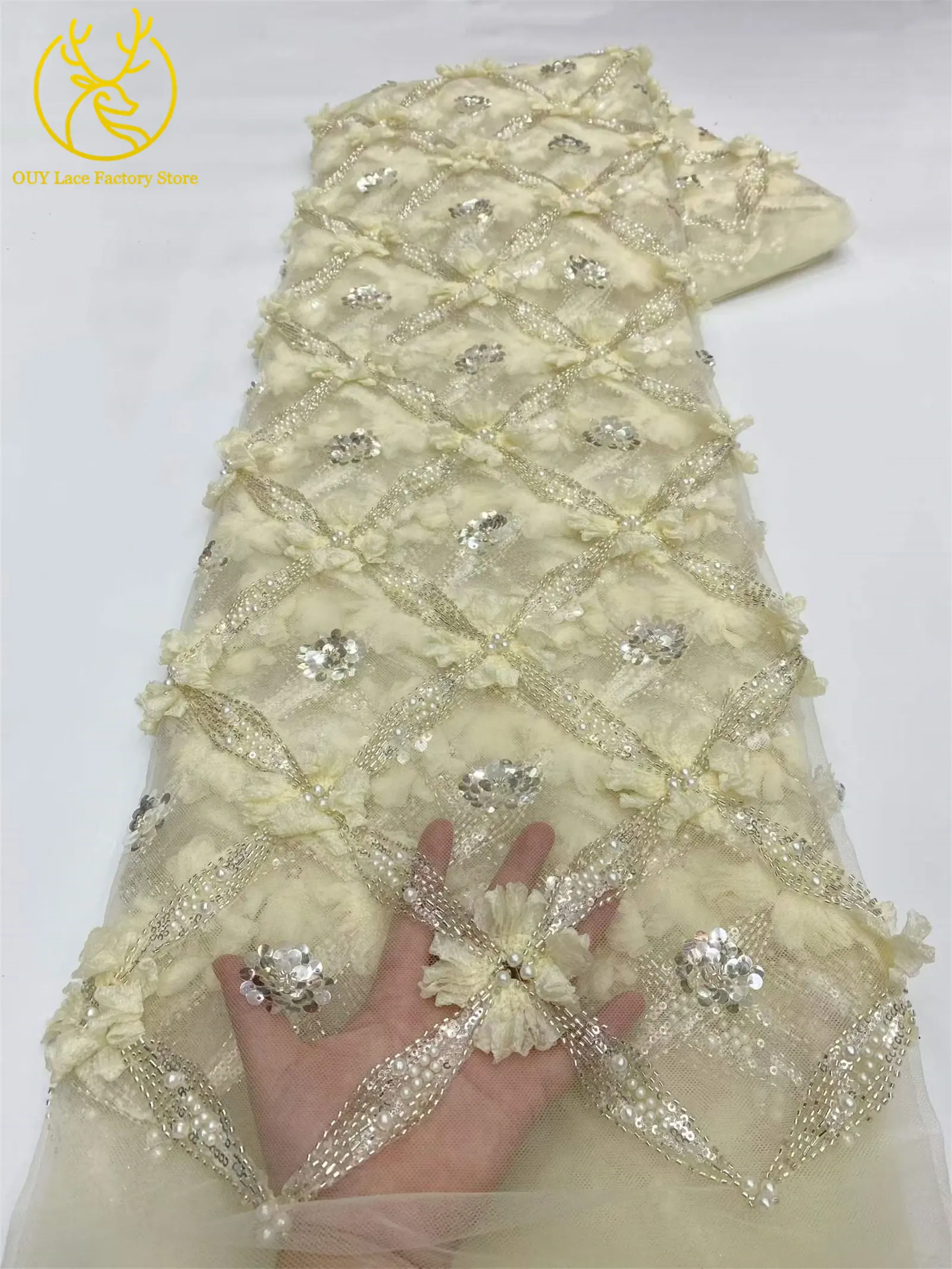 Eleganter, modischer nigerianischer 3D-Tüll-Pailletten-Spitzenstoff, hochwertiger afrikanischer Perlen-Spitzenstoff zum Nähen von Hochzeitskleidern, 5 Yards – Detail 18