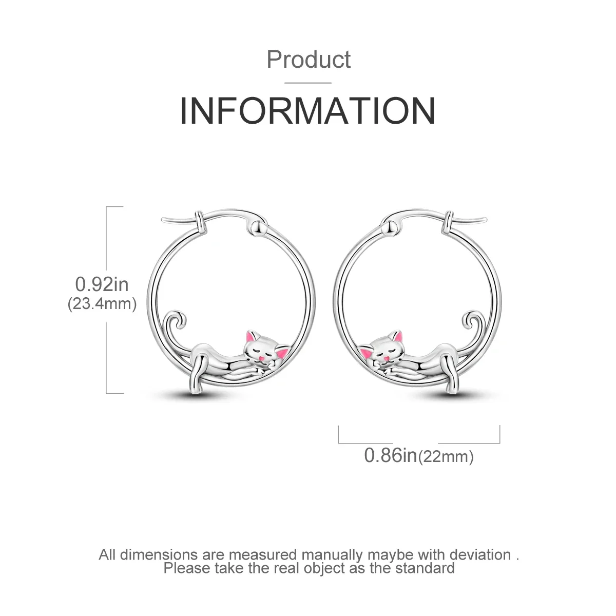 Cute 925 Sterling Silver Pink Ears Small Lazy Big Circle Cat Earrings Women\'s Pet Party Creative Jewelry Accessories