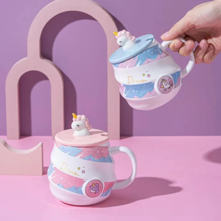 Rainbow Unicorn Mug Set with Lid and Spoon for Girl, Ceramic Water Cup, Coffee Mug, Cute Drinking Cup for Kids, Gift, 400ml