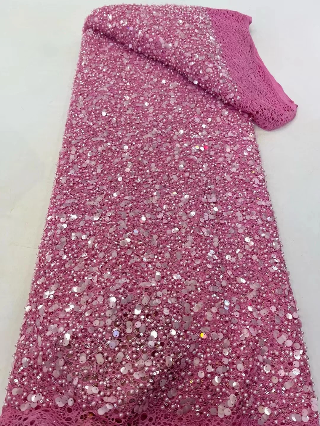 

Peach Sequin Lace Fabric African Fabric Lace Wedding Dress 2025 Luxury Beaded Lace French Mesh Sequence for Party Dresses Sewing