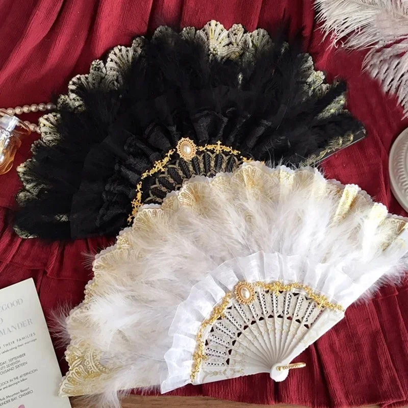 Lolita KC Cosplay Hand-Held Fans Vintage White Black Angel Feather Folding Fan Dark Gothic Court Dance Home Decoration Hand Fan