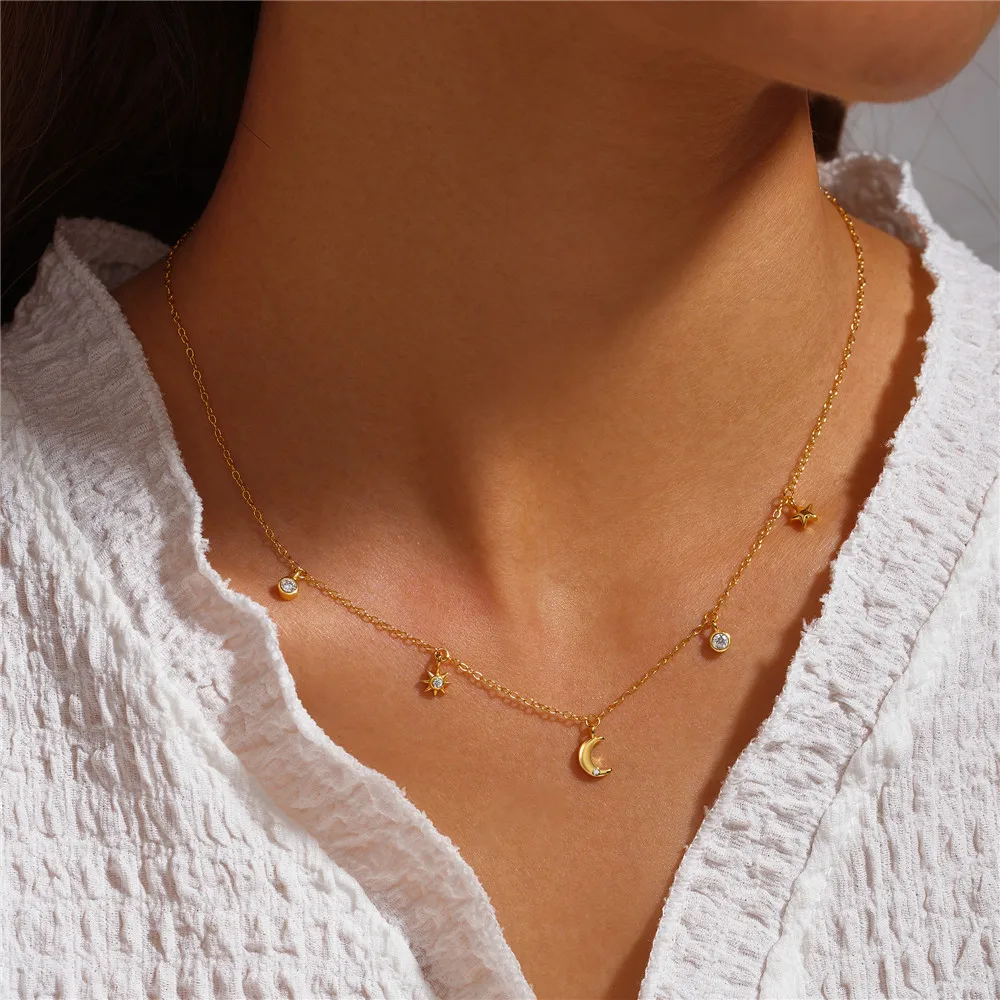 BOAKO 925 Sterling Silver Stacked Necklace 18K Gold Plated Star Moon Patter Crystal Double Layered Choker Neck Chain Colares