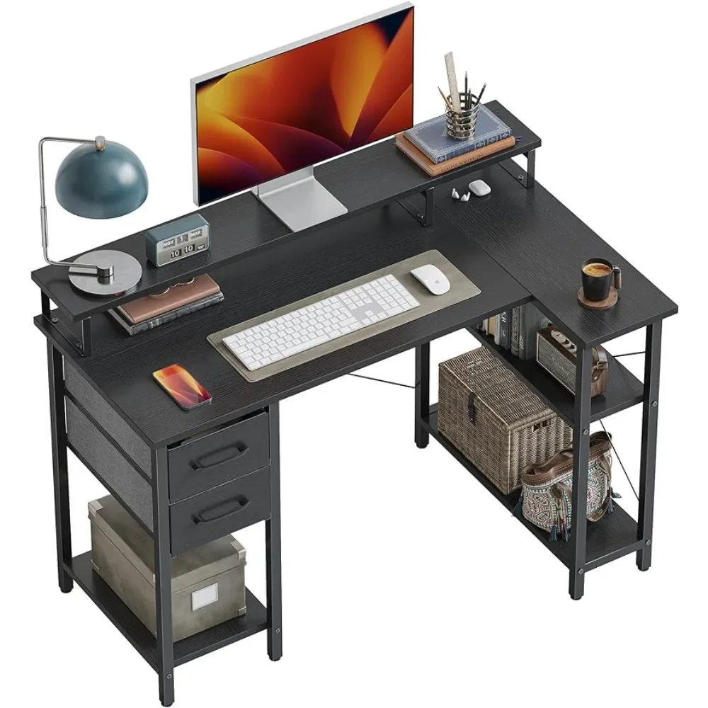 

L Shaped Computer Desk With Monitor Stand & Shelves 47 Inch Corner Home Office Desk Writing Table With Storage Drawer Blck