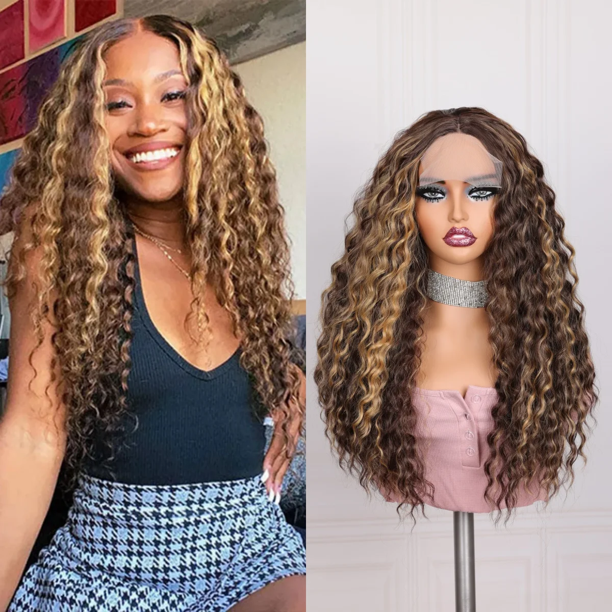 

Выделенная блондинка, 26 дюймов, плотность 180, бесклеевой синтетический странный вьющийся длинный парик 13*4*1, кружевной передний парик для женщин, детские волосы, предварительно выщипанные, ежедневно