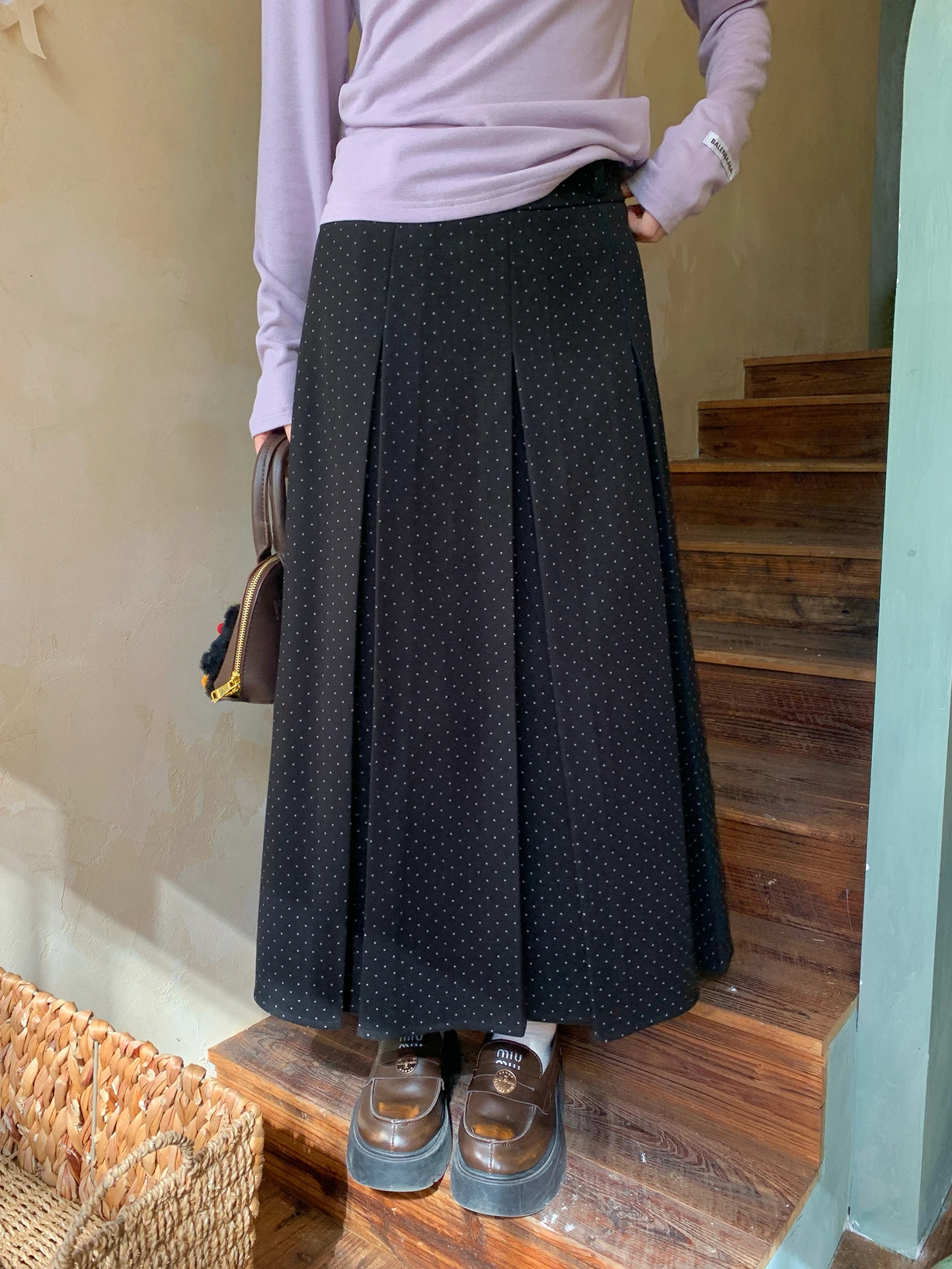 

Серая юбка в горошек, женская элегантная плиссированная свободная юбка А-силуэта с высокой талией, длинная юбка в корейском стиле из полиэфирного волокна