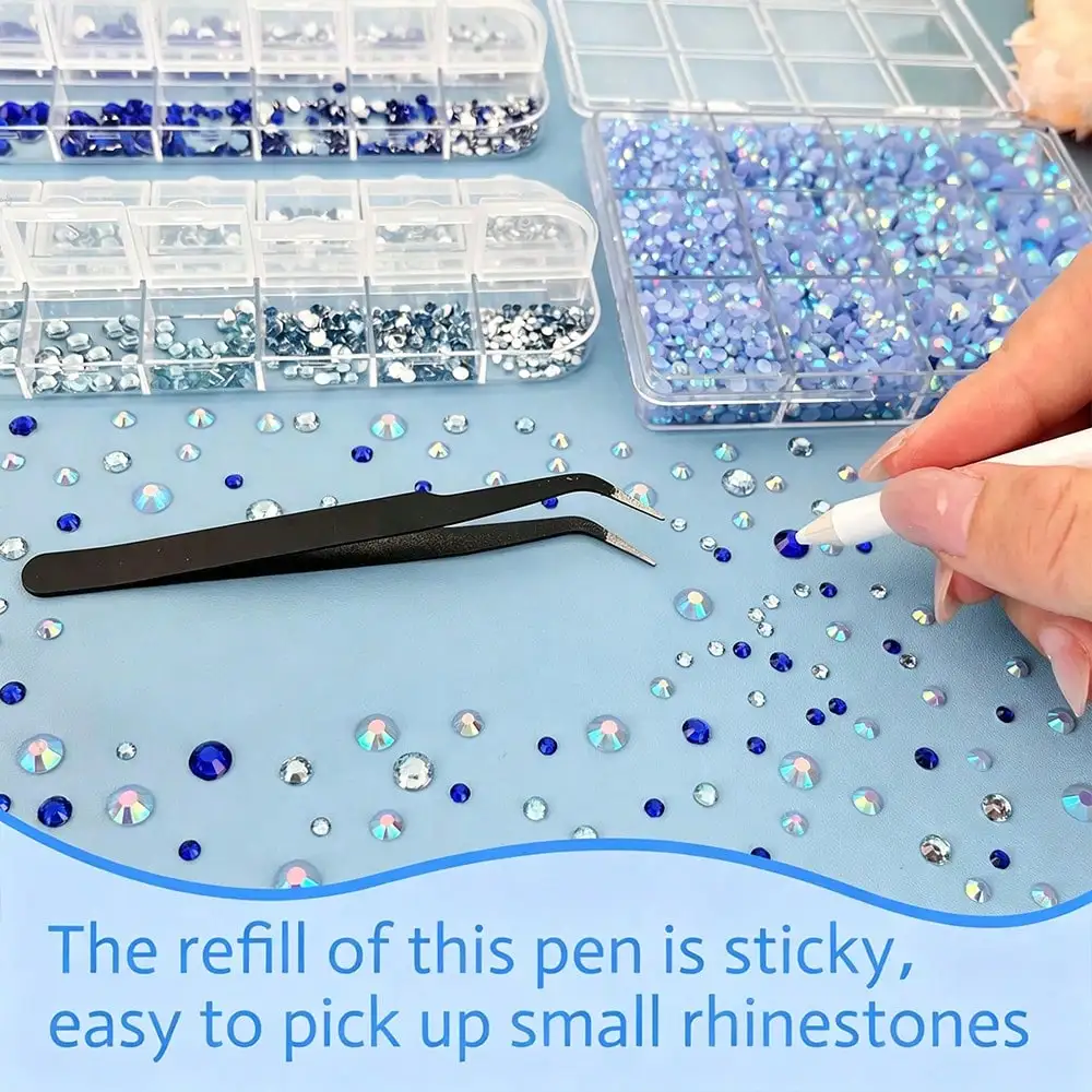 8890 Pcs Blue Resin Rhinestones Kit, 2-6mm Flatback Gems 3 Boxes with Gem Picker Pen & Tweezers, DIY Phone Case Nail Art Decor